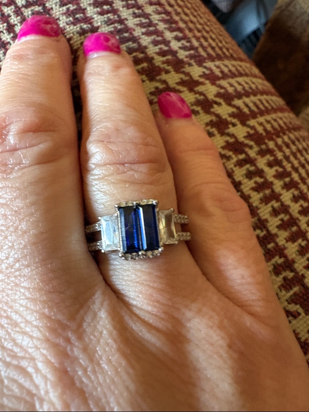 Sterling Silver Blue Emerald-Cut Crystal Cocktail Ring for Women